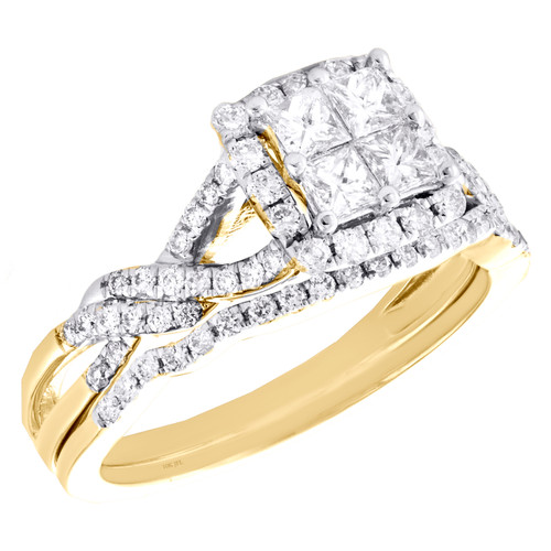 10 karat gult guld quad diamant brudesæt flettet forlovelsesring + båndsæt 1 ct.