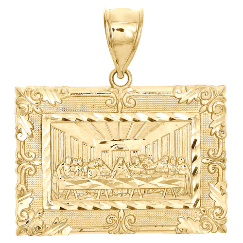 10K Yellow Gold Square Frame Last Supper Religious Pendant 1.50" Statement Charm