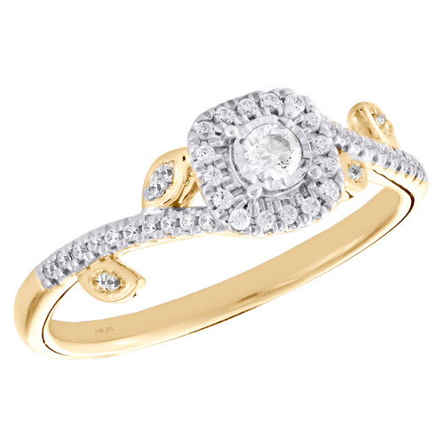 10K Yellow Gold Diamond Square Halo Engagement Ring Leaves Promise Band 1/4 CT.