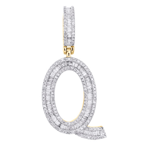 pendentif q initial en diamant baguette en or jaune 10 carats 1,55" breloque lettre 3/4 ct.
