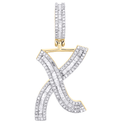 pendentif en or jaune 10 carats avec diamant baguette initiale x breloque lettre 1,50" 3/4 ct.