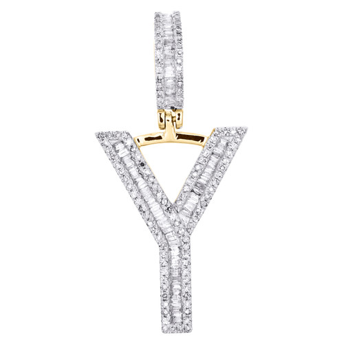 10K Yellow Gold Baguette Diamond Initial Y Pendant 1.50" Letter Charm 5/8 CT.