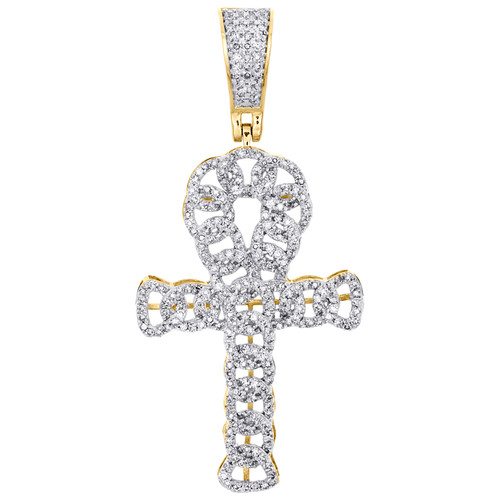 pendentif croix ankh cubaine miami en or jaune 10 carats avec diamant rond 1,95" breloque 3/4 ct.