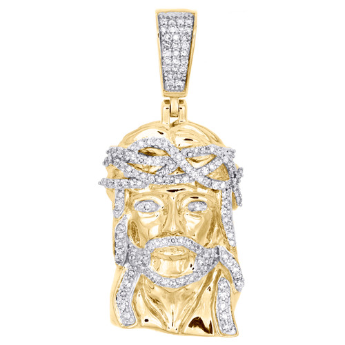 10K Yellow Gold Round Diamond Jesus Religious Pendant 1.50" Pave Charm 5/8 CT.