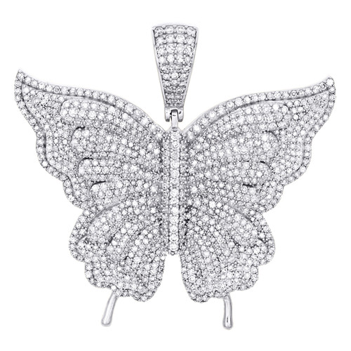 10K White Gold Round Diamond Butterfly Pendant 1.9" Statement Pave Charm 4.20 CT