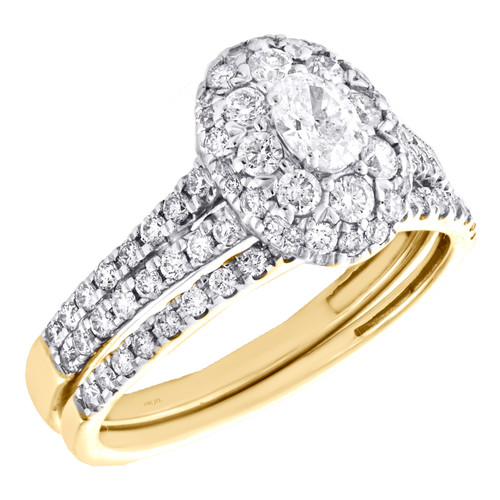 anello di fidanzamento con set da sposa con diamante solitario ovale in oro giallo 14k + fascia 1 TCW.