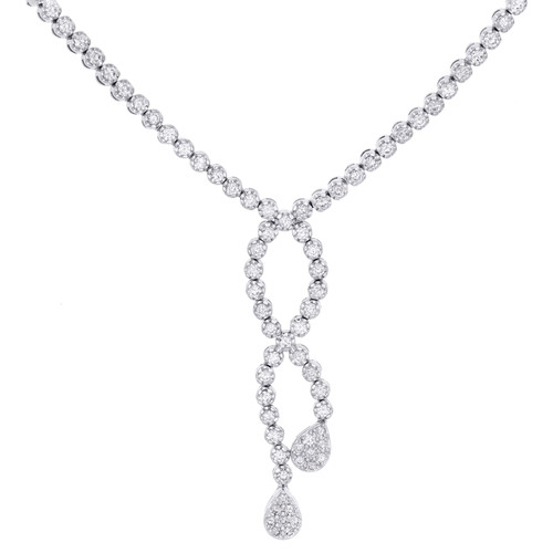 18K White Gold Round Diamond Prong Set Tennis Ribbon Necklace 16" Chain 7.7 CT.