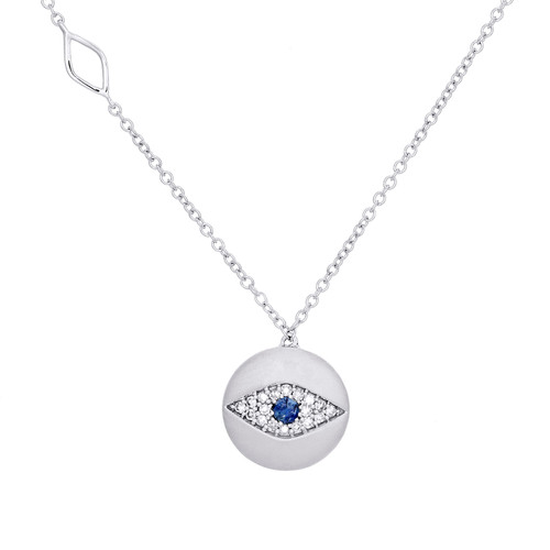 collier en or blanc 10 carats avec diamant rond et saphir bleu contre le mauvais œil, chaîne de 18 pouces, 1/5 ct.