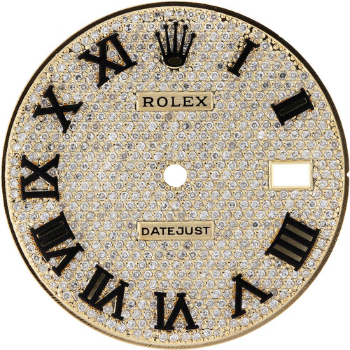 Esfera con pavé de diamantes personalizada para adaptarse Rolex DateJust de 36 mm, color de metal amarillo, esmalte negro, número romano de 1,25 quilates.