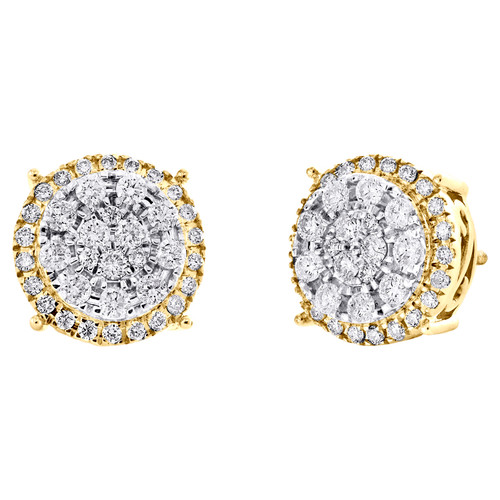 10K Yellow Gold Round Diamond 4 Prong Tiered Stud 12mm Cluster Earrings 1.19 CT.