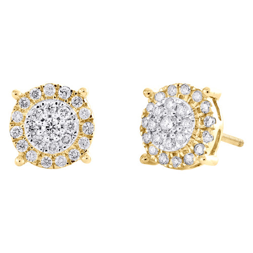 10K Yellow Gold Round Diamond 4 Prong Tiered Stud 9mm Cluster Earrings 0.45 CT.