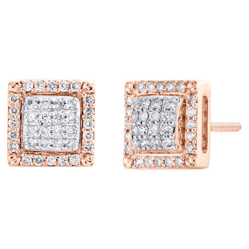 10K Rose Gold Round Diamond Square Domed Frame Stud 8mm Cluster Earrings 0.34 CT