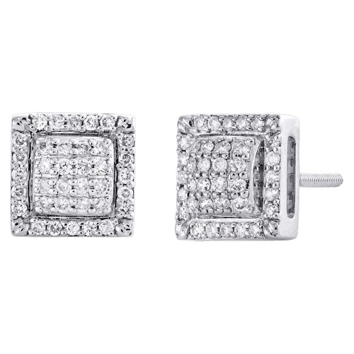 10K White Gold Round Diamond Square Domed Stud 8mm Pave Cluster Earrings 0.29 CT