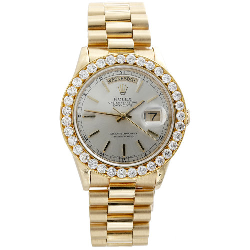 Montre homme en or jaune 18 carats et diamant 36 mm Rolex président jour-date 18038 3,75 ct.