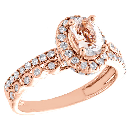 anello di fidanzamento ovale in morganite ovale in oro rosa 10k e diamanti a goccia e aureola da 1,25 TCW