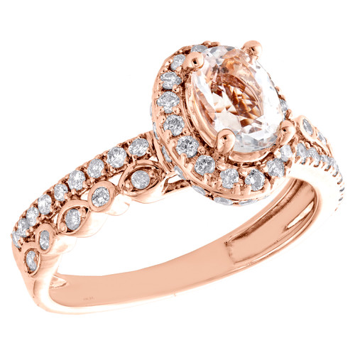 ovaler Verlobungsring aus 10 Karat Roségold mit Morganit und Diamant in Tropfenform und Halo, 1,25 Tcw