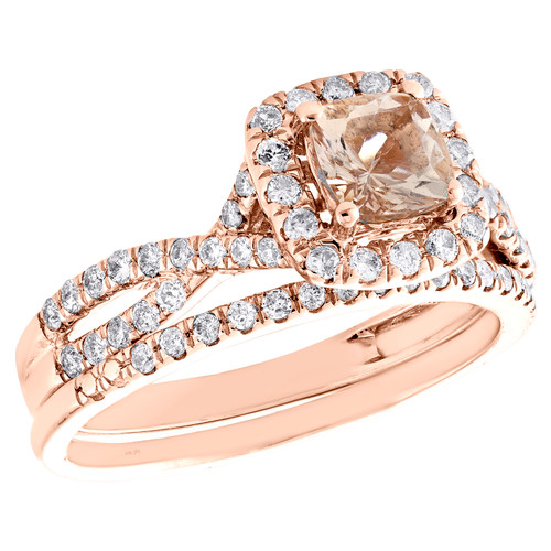 10K Rose Gold Cushion Morganite & Diamond Twisted Engagement Ring + Band Bridal Set 1 TCW