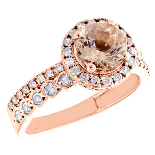 bague de fiançailles tressée en morganite ronde et halo de diamants en or rose 10 carats 1,70 tcw