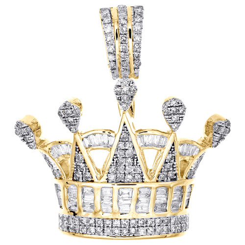 10K Yellow Gold Men's Baguette & Round Diamond Charm King Crown Pendant 0.87 Ct.