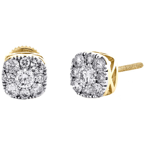 14K Yellow Gold Diamond Flower Set 7mm Rounded Square Stud Earrings 0.75 Ct.