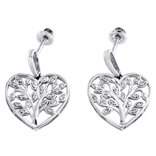 boucles d'oreilles pendantes arbre de vie en argent sterling .925 avec diamants 0,10 ct.