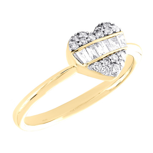 10K Yellow Gold Round & Baguette Diamond Domed Heart Right Hand Love Ring 1/4 Ct