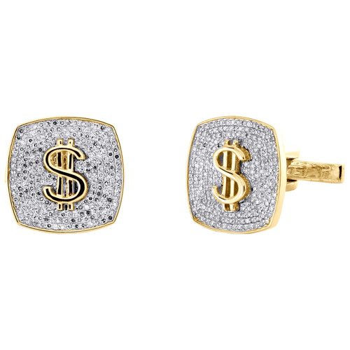 gemelli quadrati con denaro e simbolo del dollaro in oro giallo 10k con diamanti rotondi da 1,62 ct.
