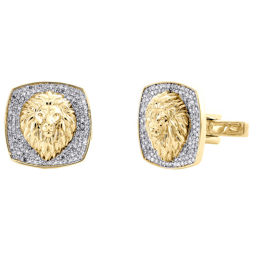 10K Yellow Gold Round Diamond Square Frame 3D Lion Head Men's Cuff Links 1 Ct