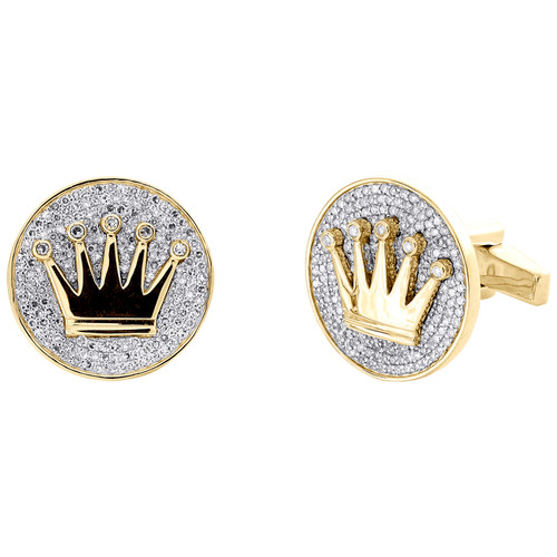 gemelli con corona reale in oro giallo 10 carati con cornice circolare e diamanti da 1,20 ct.