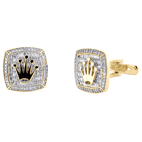 10K Yellow Gold Baguette Diamond Square Frame King's Crown Cuff Links 1.25 Ct.