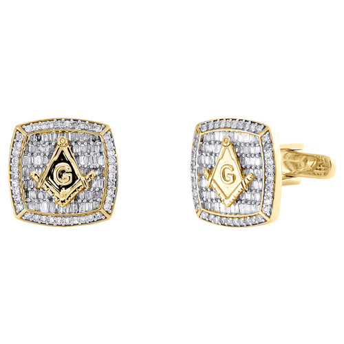 10K Yellow Gold Baguette Diamond Square Frame Masonic Men's Cuff Links 1.33 Ct.