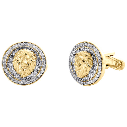 boutons de manchette tête de lion 3d en or jaune 10 carats avec cadre circulaire en diamant baguette 1,33 ct.