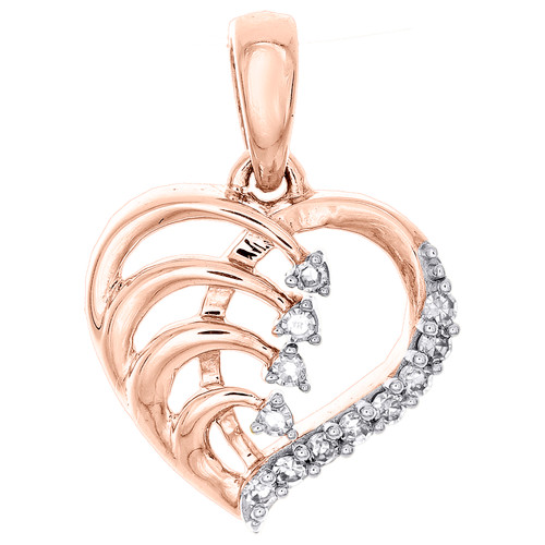 10K Rose Gold Round Diamond Cut Out Journey Heart Pendant Love Charm 0.08 Ct.