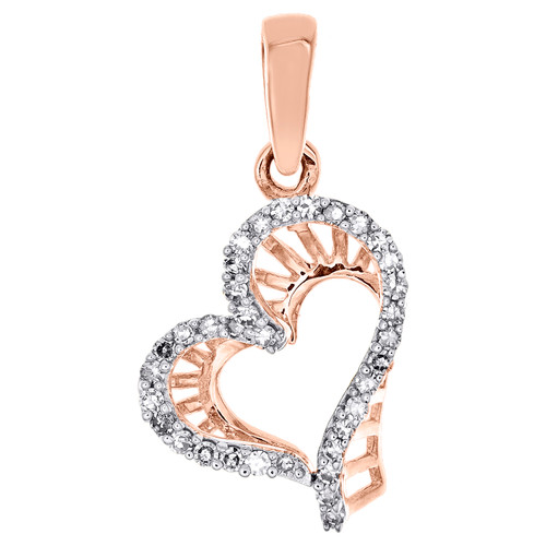 10K Rose Gold Diamond Slanted Cut Out Curved Heart Pendant Love Charm 0.10 Ct.
