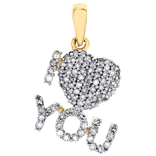 10K Yellow Gold Diamond Block Font "I Heart You" Pendant Love Charm 0.33 Ct.