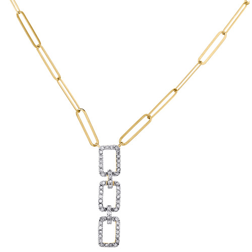 10K Yellow Gold Diamond Fancy Square Charm Paper Clip 18" Cable Necklace 1/4 CT.