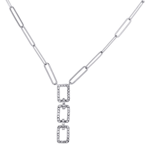 10K White Gold Diamond Fancy Square Charm Paper Clip 18" Cable Necklace 1/4 CT.