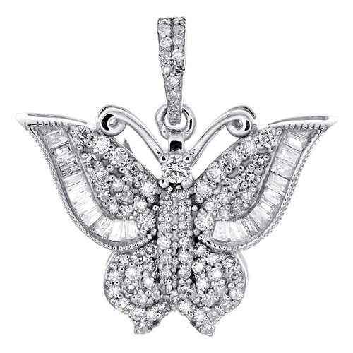 10K White Gold Round & Baguette Diamond Butterfly Pendant 0.85" Charm 5/8 CT.