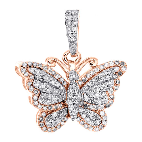 10K Rose Gold Round Diamond Double Frame Butterfly Pendant 0.70" Charm 3/8 CT.