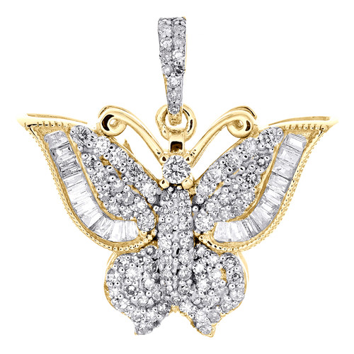 pendentif papillon diamant rond et baguette en or jaune 10 carats breloque 0,85" 5/8 ct.