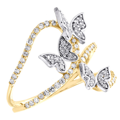 bague pour femme triple papillon entrelacé de diamants en or jaune 10 carats 0,37 ct.