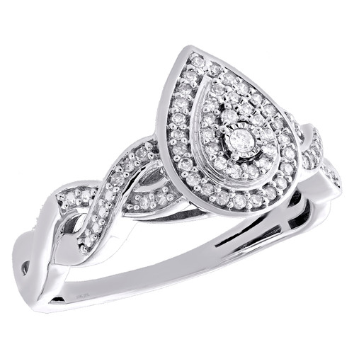 anello di fidanzamento a goccia con diamanti a forma di goccia in oro bianco 10 carati con treccia infinita da 0,15 ct.