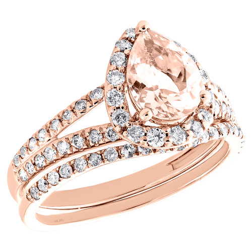 14K Rose Gold Pear Morganite Diamond Split Shank Engagement Bridal Set 1.52 TCW