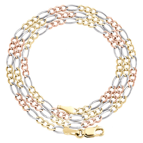 collana/catena unisex in oro tricolore 14k da 3 mm con maglia figaro solida con taglio a diamante da 16 pollici