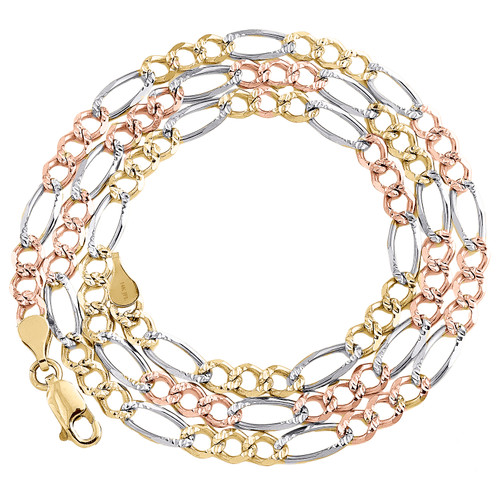 collana/catena unisex da 20" in oro tricolore 14k con taglio a diamante massiccio da 4 mm e maglia figaro