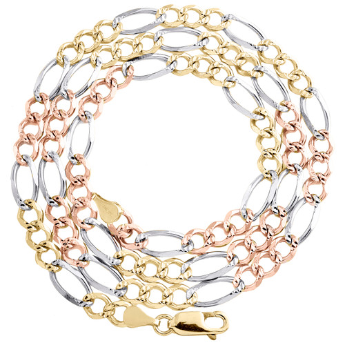 collana/catena unisex in oro tricolore 14k da 5 mm con maglia figaro solida con taglio a diamante da 20 pollici