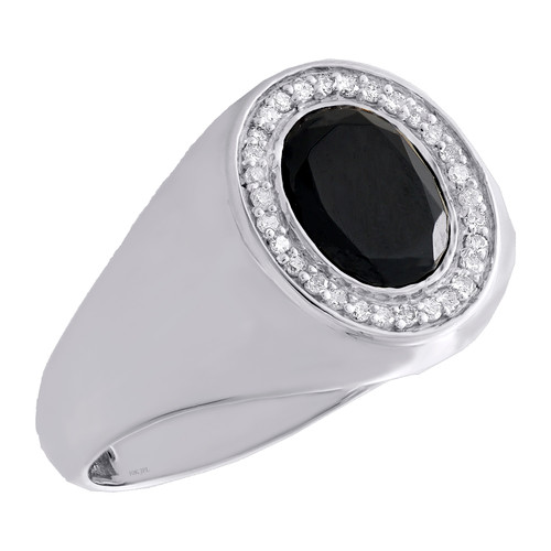 10K White Gold Round Diamond & Black Oval Onyx 14.50mm Pinky Ring Band 1/6 CT.