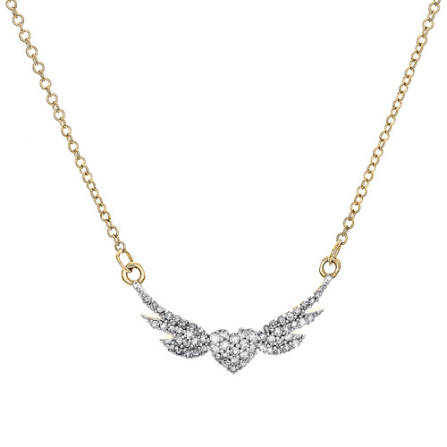 10K Yellow Gold Diamond Heart Wings Cable Necklace 18"Fancy Pave Chain 1/5 CT.