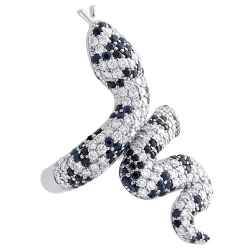 Anello per la mano destra con serpente in oro bianco 14k, diamanti e zaffiri, 2,42 ct.