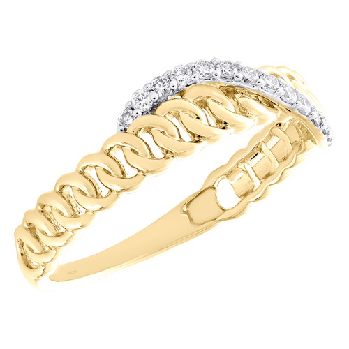 10K Yellow Gold Round Diamond Bypass Ribbon on Cuban Link Stackable Ring 0.16 Ct